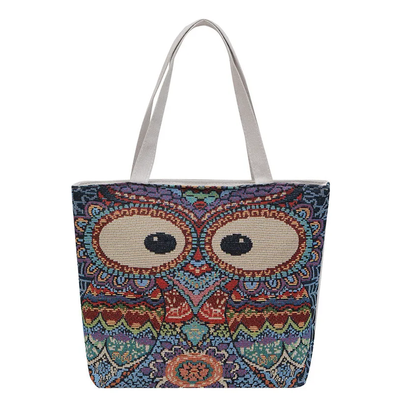 Women's Autumn Korean Style Woven Flower Cartoon Owl Canvas Shoulder Bags