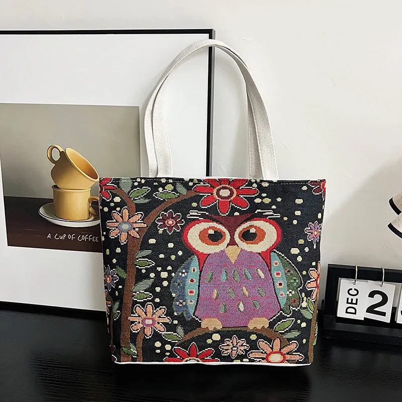 Women's Autumn Korean Style Woven Flower Cartoon Owl Canvas Shoulder Bags