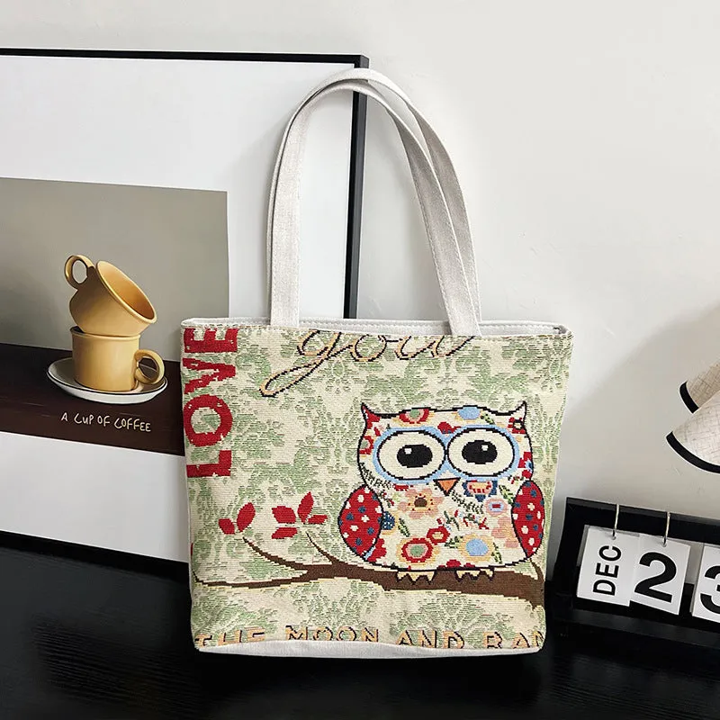 Women's Autumn Korean Style Woven Flower Cartoon Owl Canvas Shoulder Bags