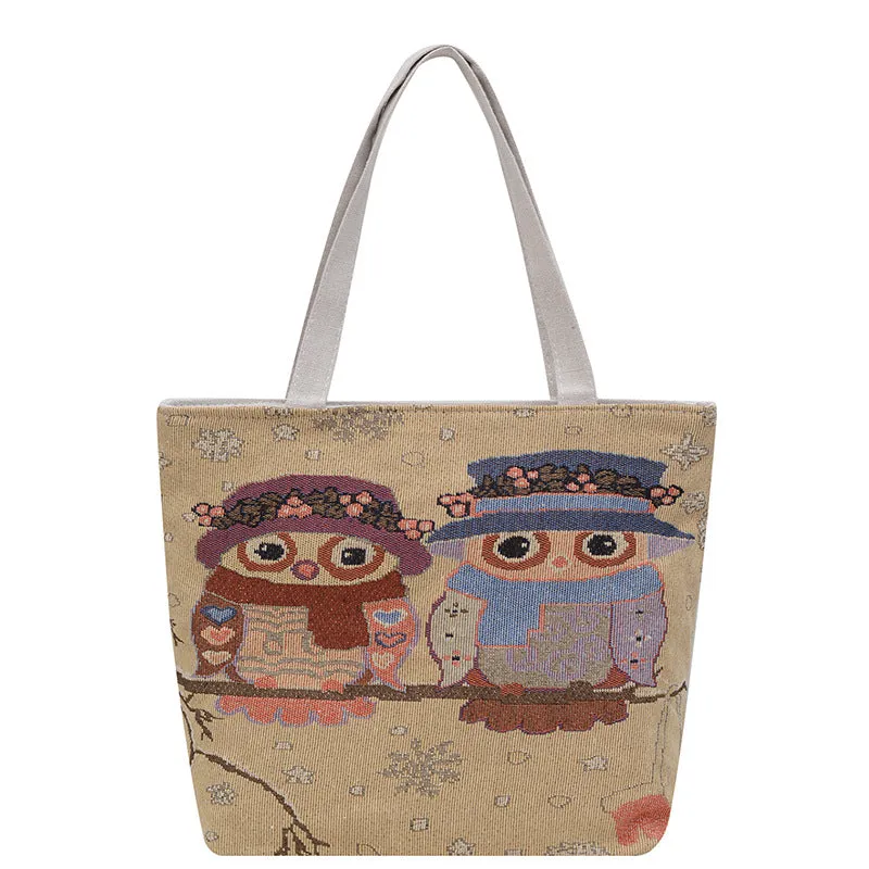 Women's Autumn Korean Style Woven Flower Cartoon Owl Canvas Shoulder Bags