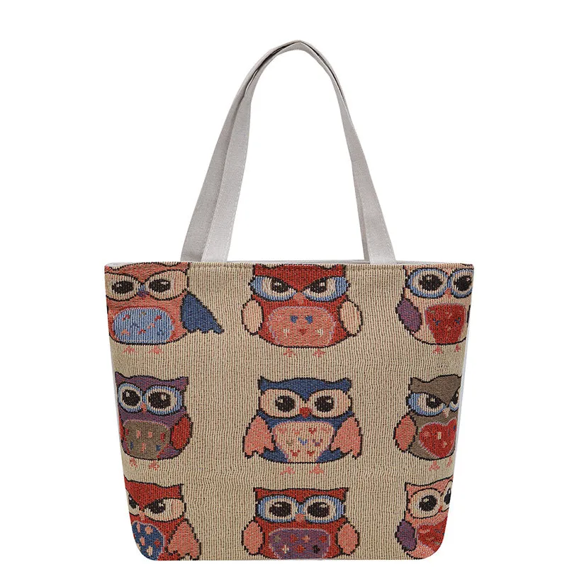 Women's Autumn Korean Style Woven Flower Cartoon Owl Canvas Shoulder Bags