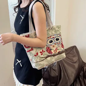 Women's Autumn Korean Style Woven Flower Cartoon Owl Canvas Shoulder Bags