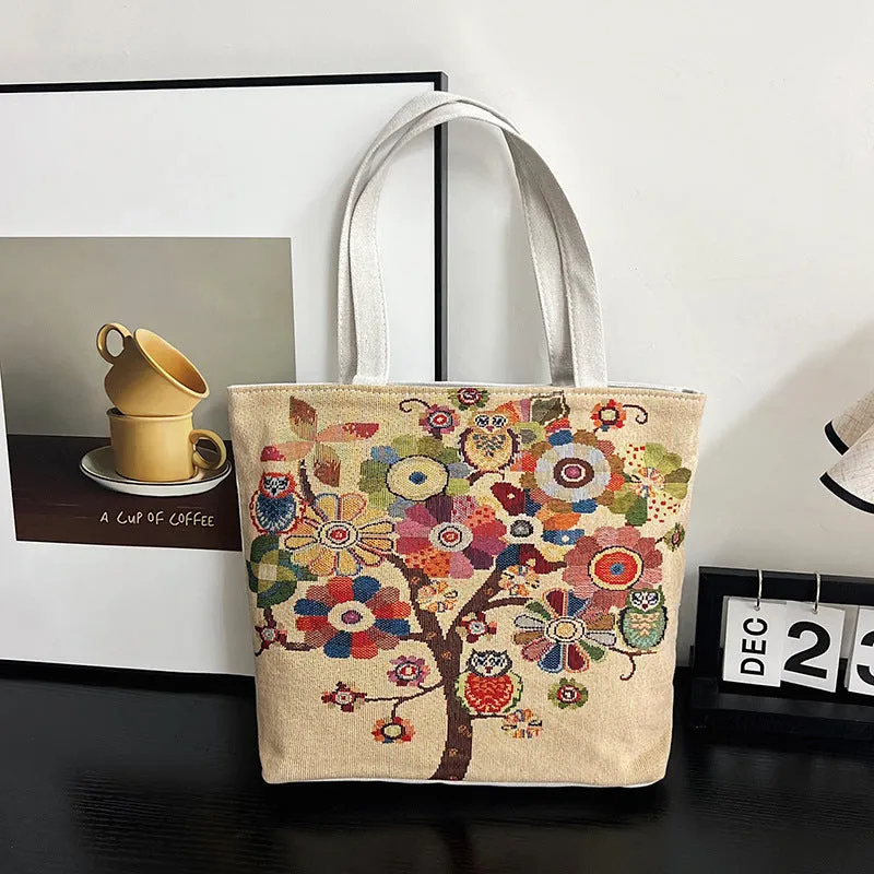 Women's Autumn Korean Style Woven Flower Cartoon Owl Canvas Shoulder Bags