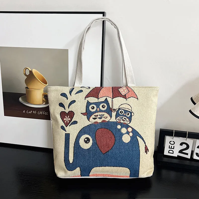 Women's Autumn Korean Style Woven Flower Cartoon Owl Canvas Shoulder Bags