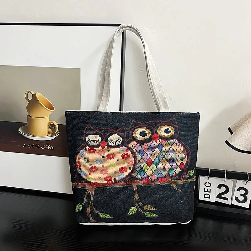 Women's Autumn Korean Style Woven Flower Cartoon Owl Canvas Shoulder Bags