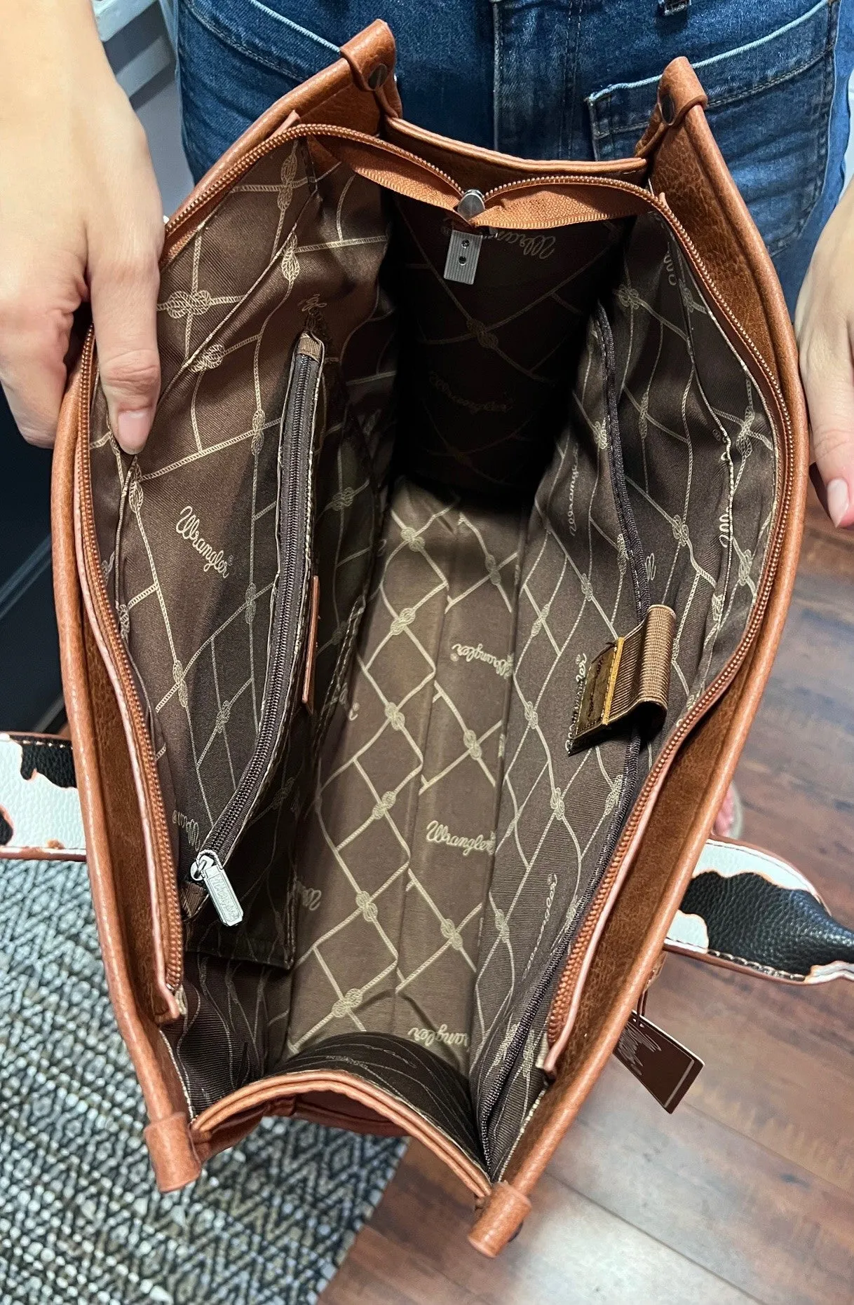 Wrangler Cow Print Large Tote, Brown and White, Braided, Concealed Carry