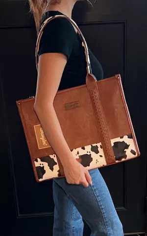 Wrangler Cow Print Large Tote, Brown and White, Braided, Concealed Carry