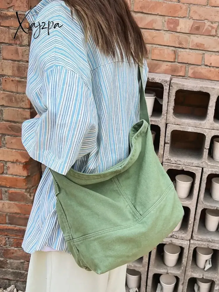 Xajzpa - Canvas Shoulder Bag for Women Hobos Small Messenger Crossbody Bag Casual Korean Style Handbag Purse Vintage Schoolbag