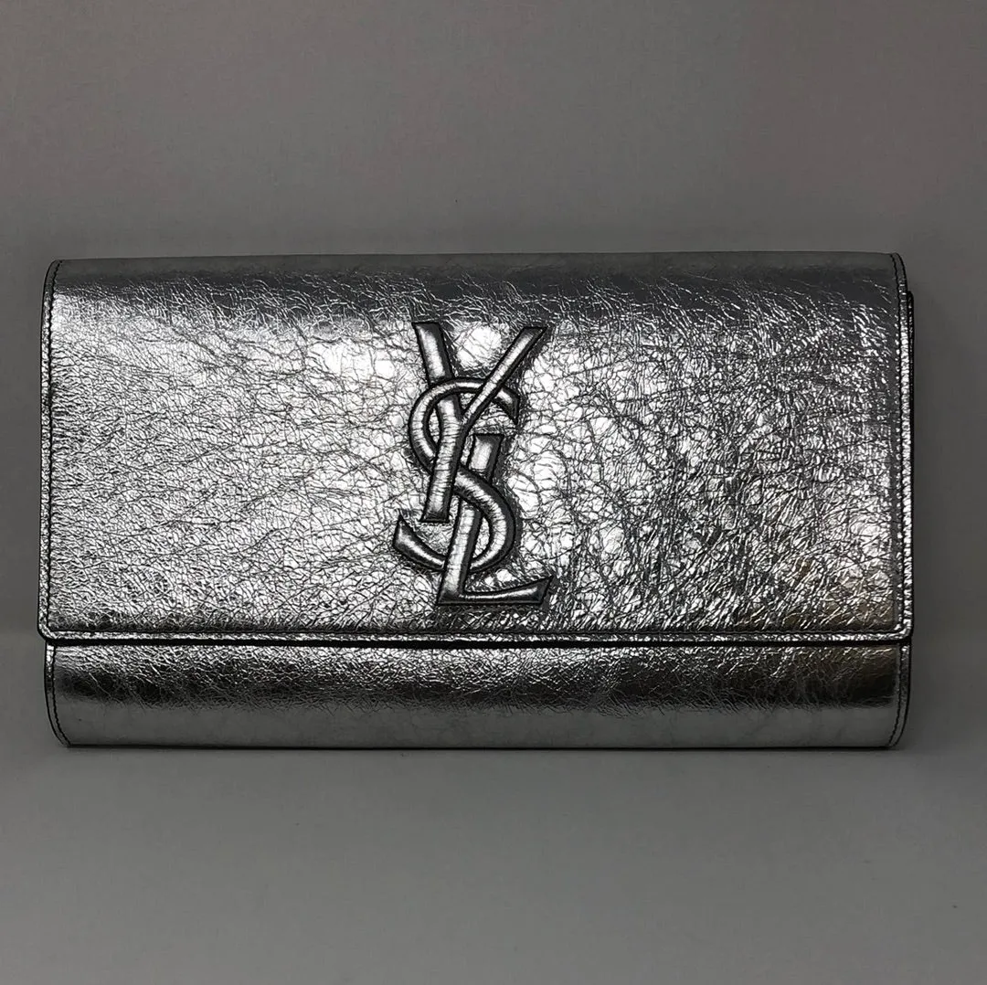 YSL Belle Du Jour Silver Large Metallic Stamped Logo Clutch