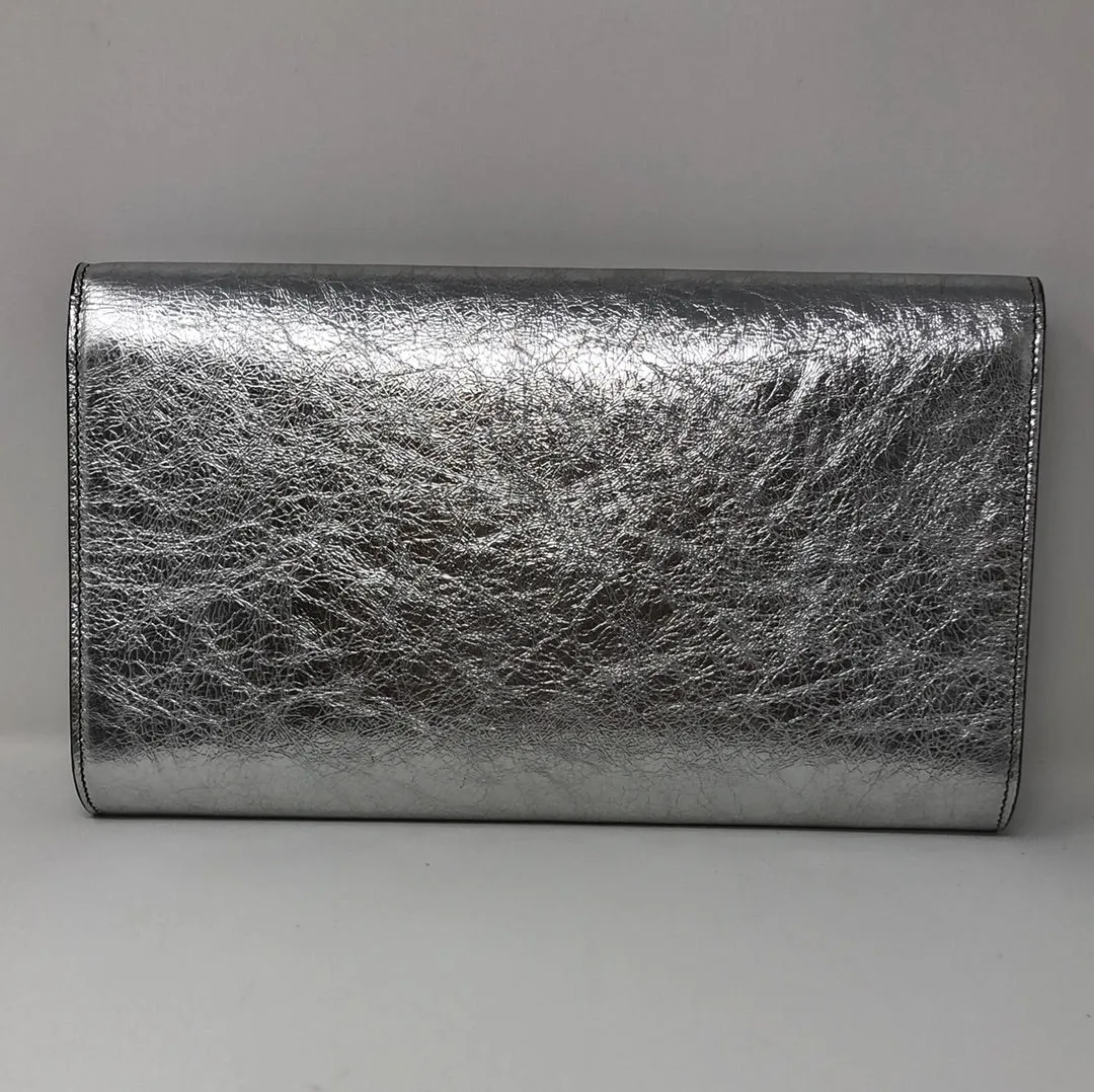 YSL Belle Du Jour Silver Large Metallic Stamped Logo Clutch
