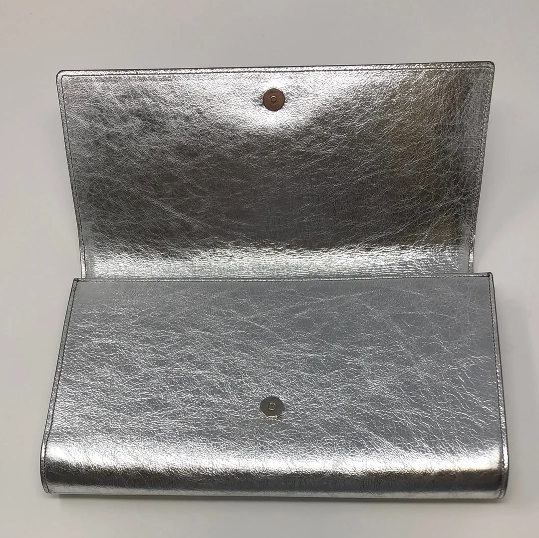 YSL Belle Du Jour Silver Large Metallic Stamped Logo Clutch
