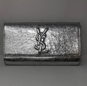 YSL Belle Du Jour Silver Large Metallic Stamped Logo Clutch